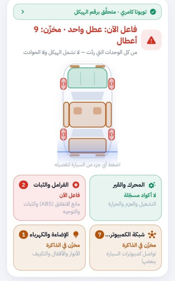 لقطة من التطبيق: رسمة السيارة وأعطال كل جهاز فيها